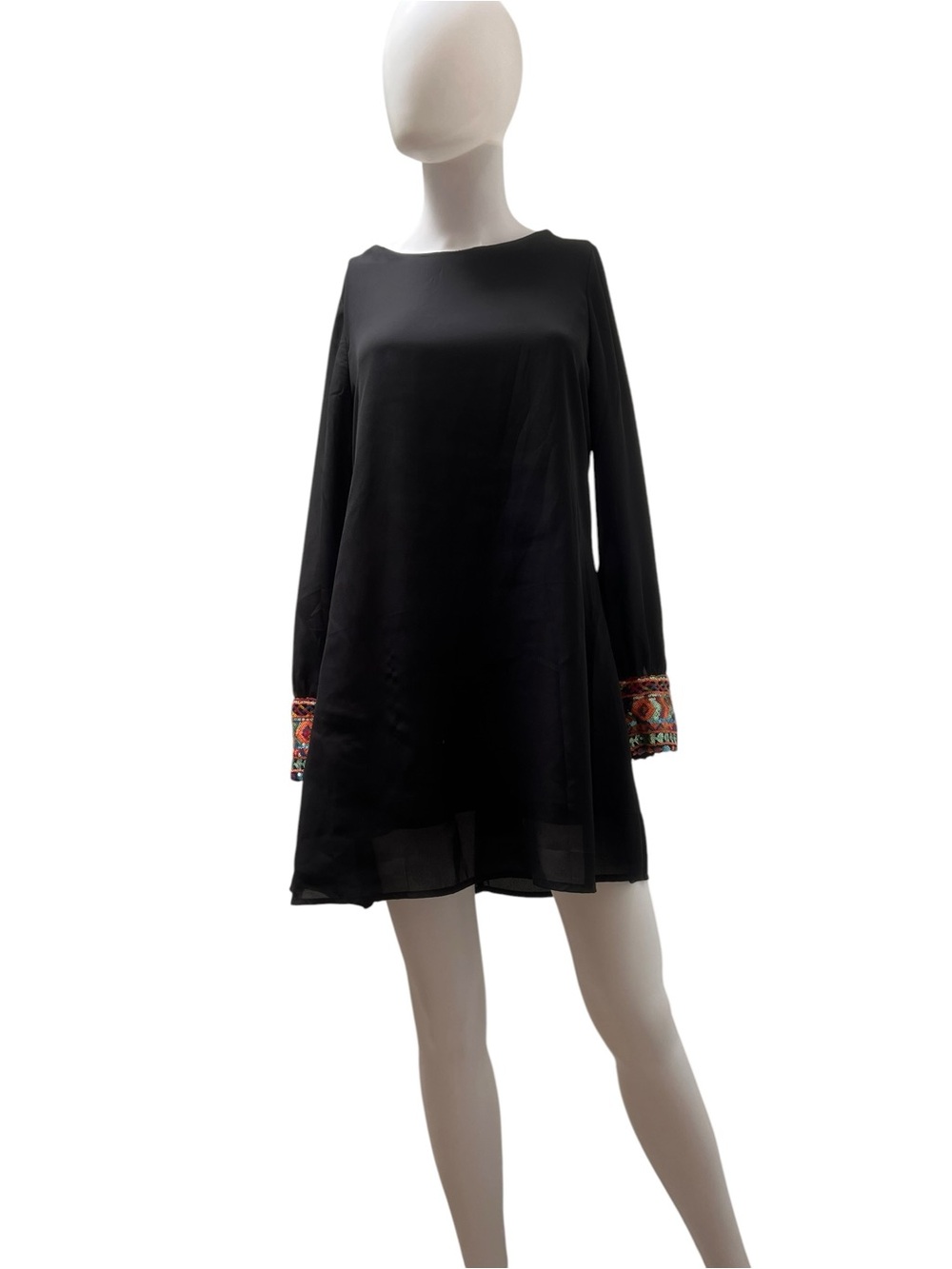 Neiman Marcus- Black Long-Sleeve Tunic Shift Dress, Embroidered Cuffs. Size M